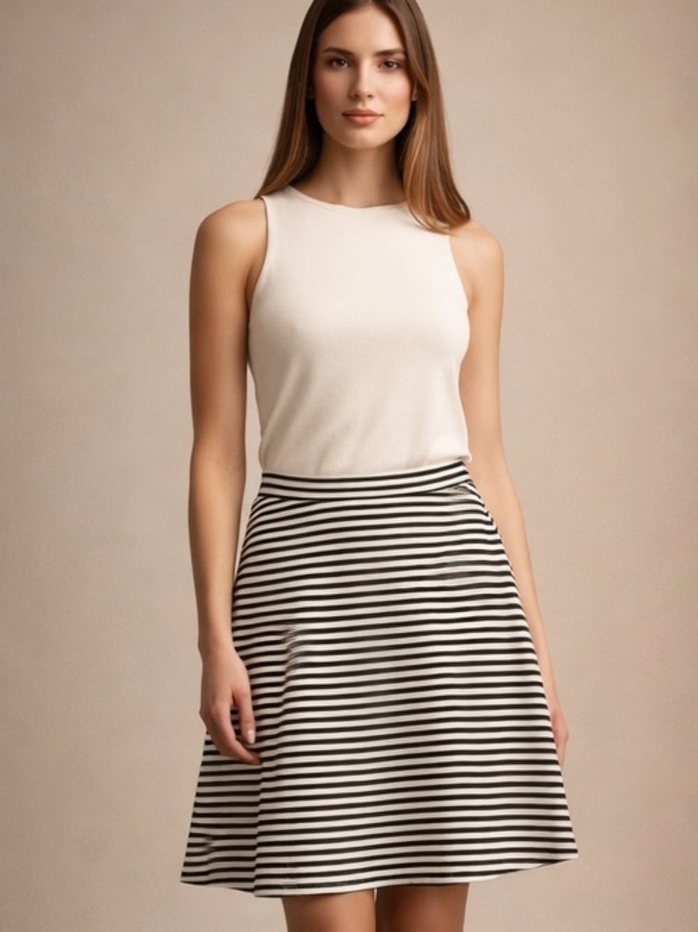 MERONA Black White Striped Skater Skirt M Stretch Casual Chic